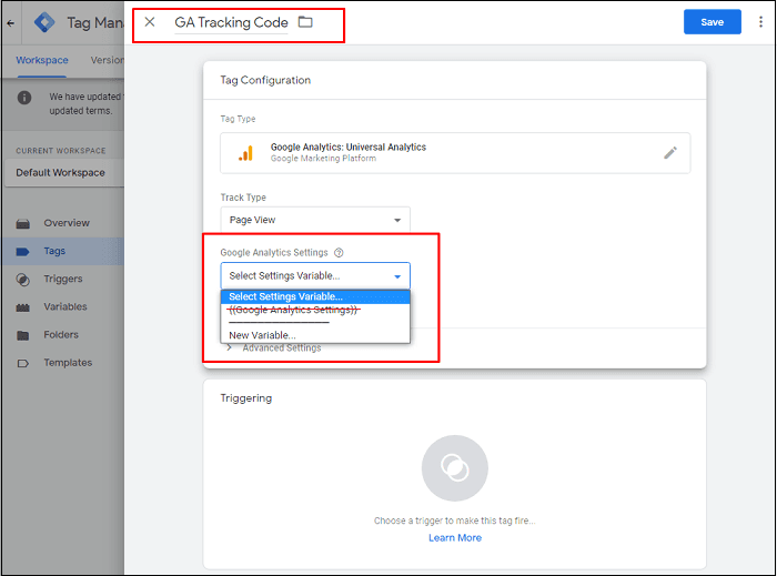 Google Analytics settings mod 700 px