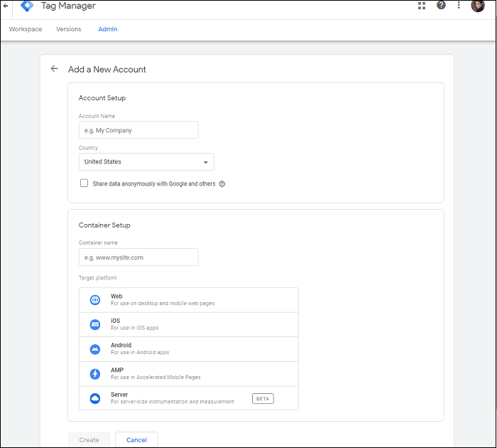 Create account Tag Manager