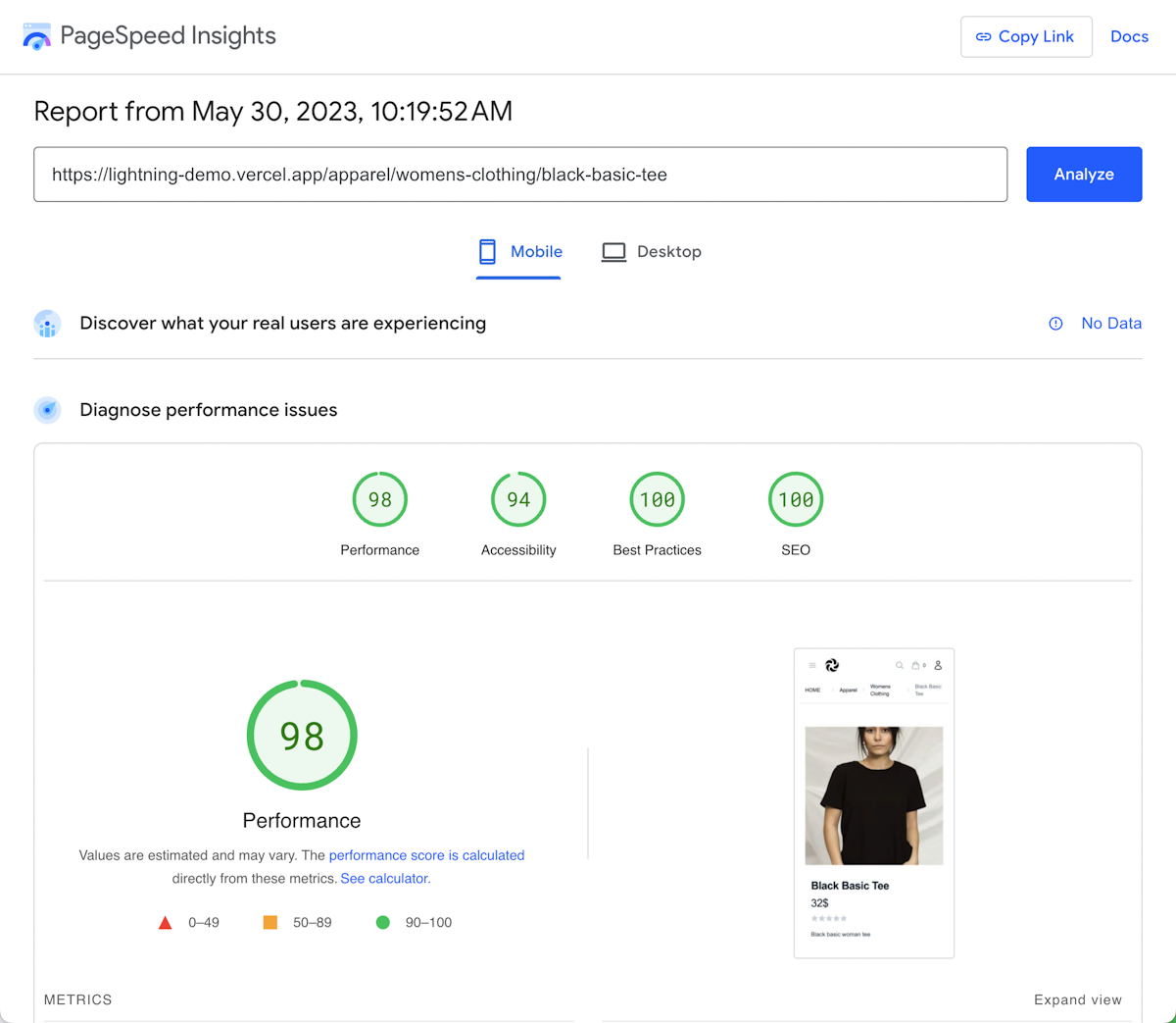 Google PageSpeed of Lightning commerce of Product page