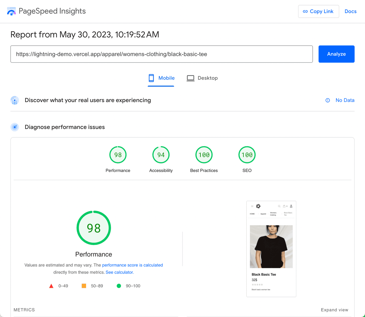 Google PageSpeed of Lightning commerce of Product page