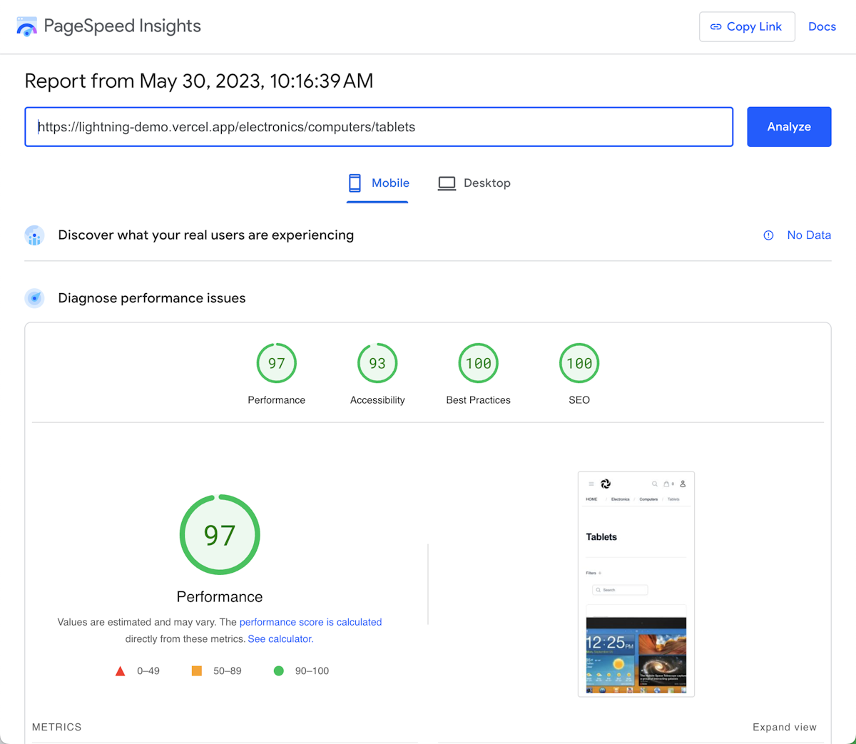 Google PageSpeed of Lightning commerce of Category page